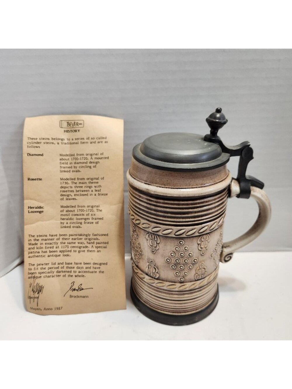 Handcrafted German Beyer Pewter-Lid Ceramic Stein 1987 Diamond Antique Style